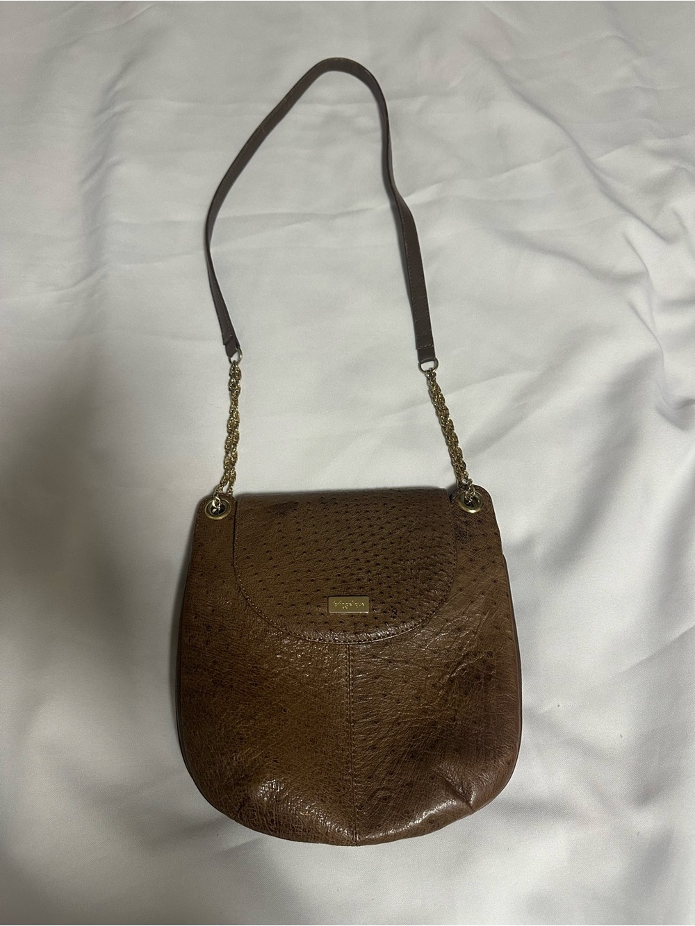 Brown Leather Crossbody Shoulder Bag with Gold Chain Accents